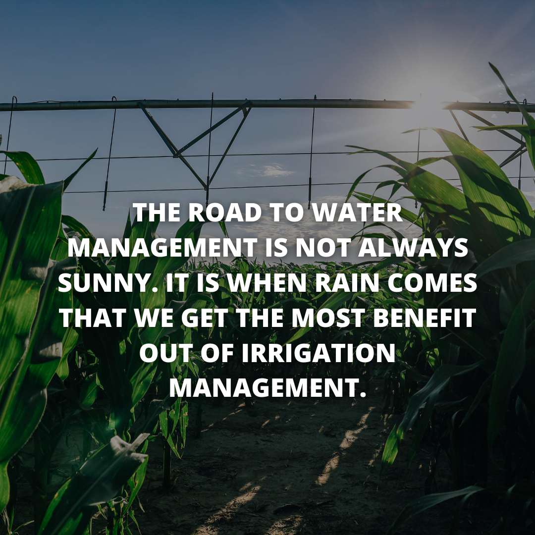 Graphic saying"the road to water management is not always sunny. it is when rain comes that we get the most benefit out of irrigation management."